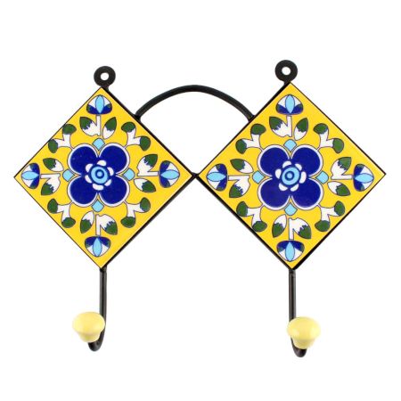 Navy Blue Floral Ceramic Tile Hook
